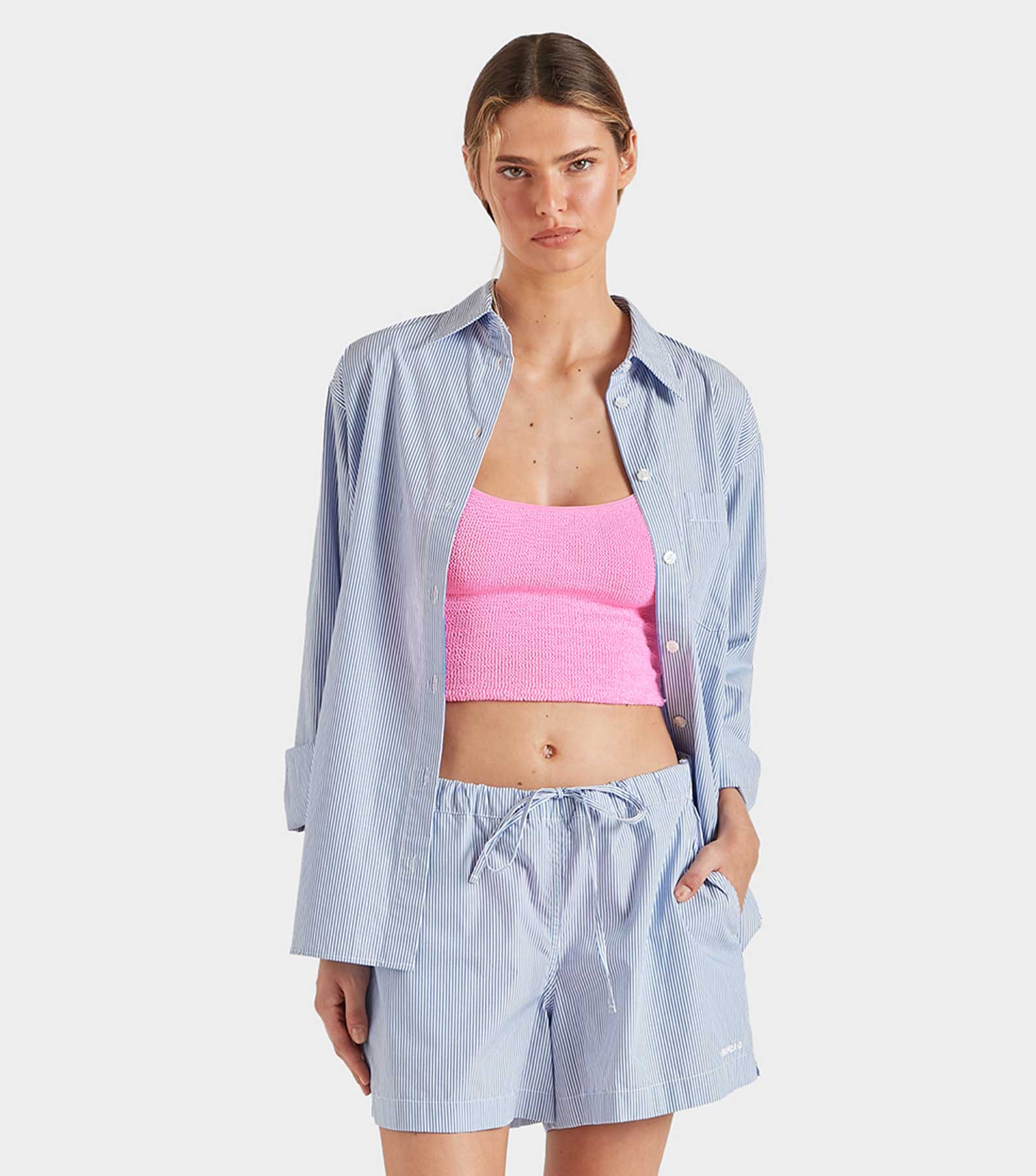 Embroidered Cotton Shorts - Blue Stripe